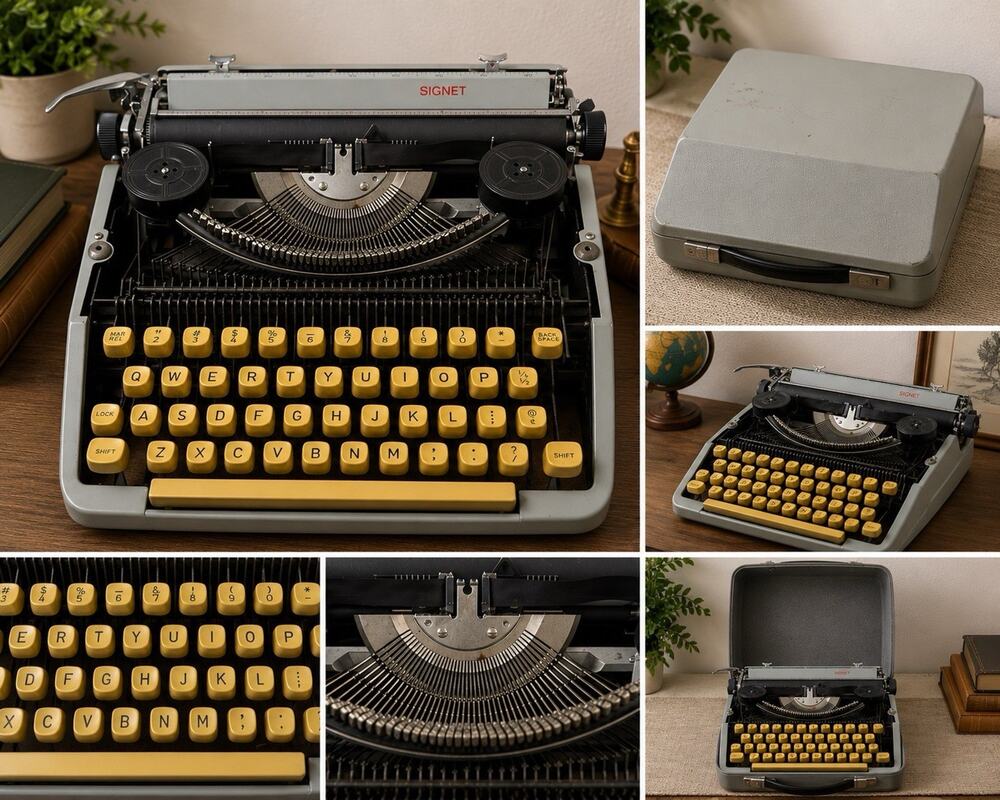 Vintage Signet Manual Typewriter Gray Yellow Keys Portable w/ Hard Case